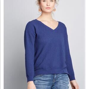 ModCloth 'Pointelle As Well' Women's XXS V Neck Sweater Blue